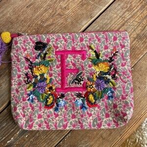 Anthropologie "E" Monogrammed Embroidered Pouch